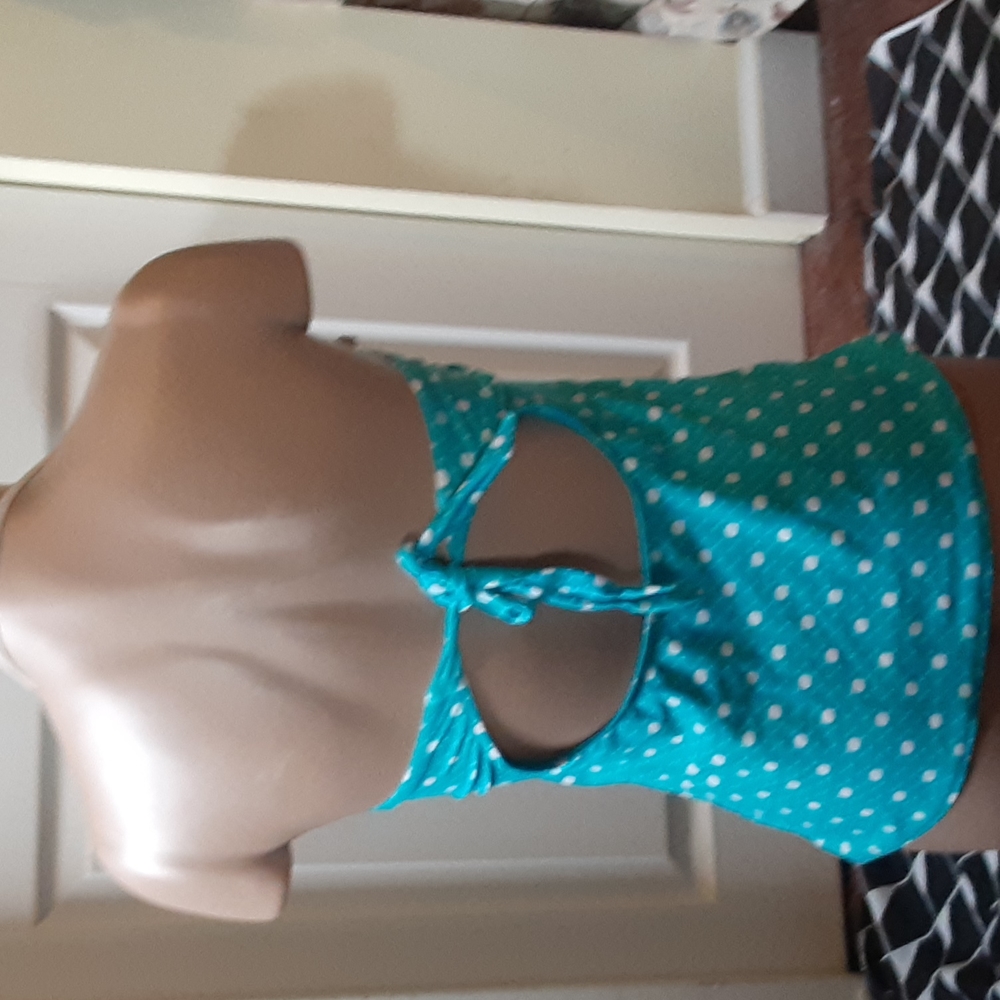Candie's Polka Dot Tankini Top Large Blue White Retro Pinup Swimwear - Picture 4 of 12